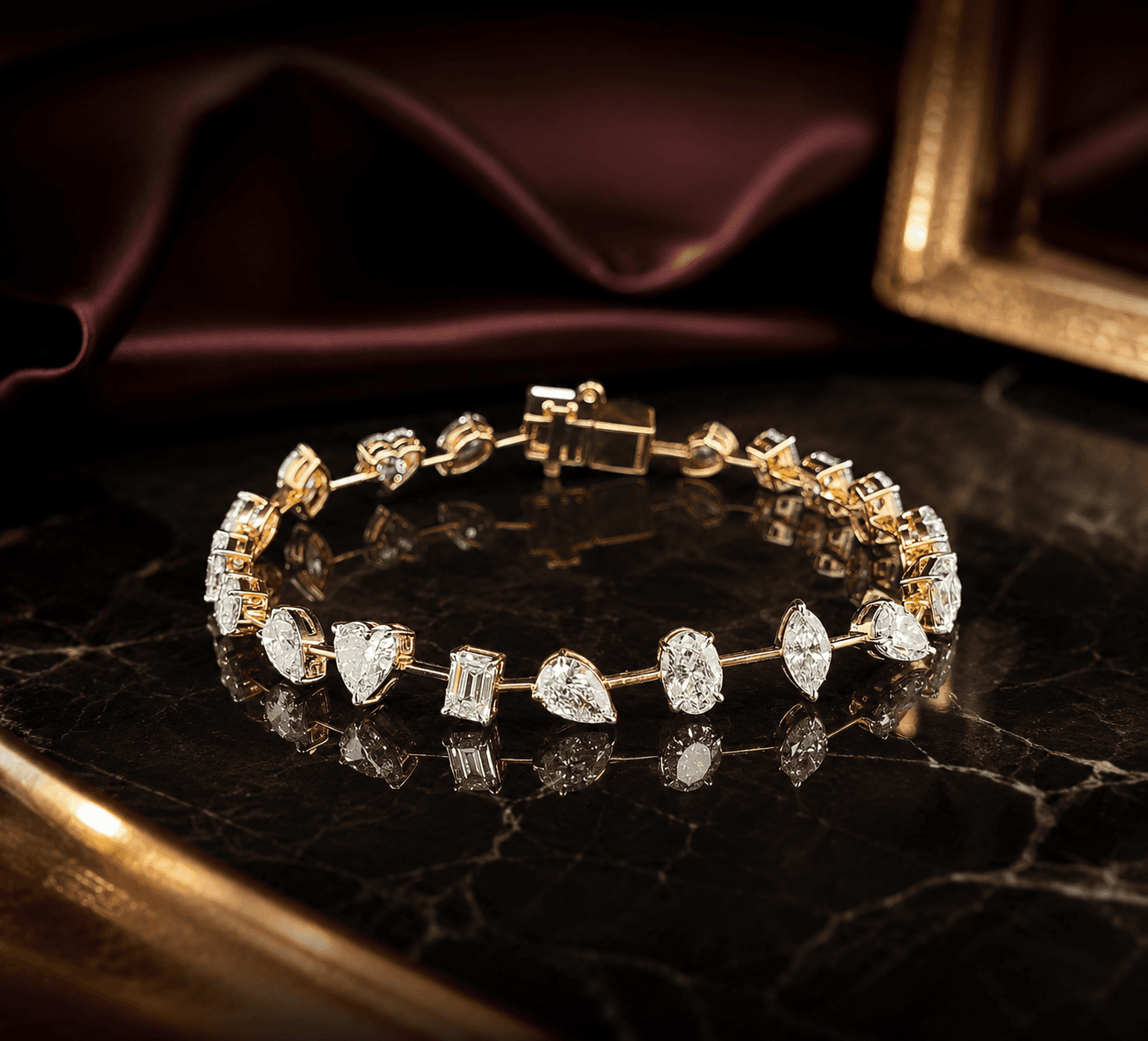 Yellow gold tennis bracelet alternating pear, oval, emerald and marquise lab-grown diamonds, on black marble with burgundy velvet.